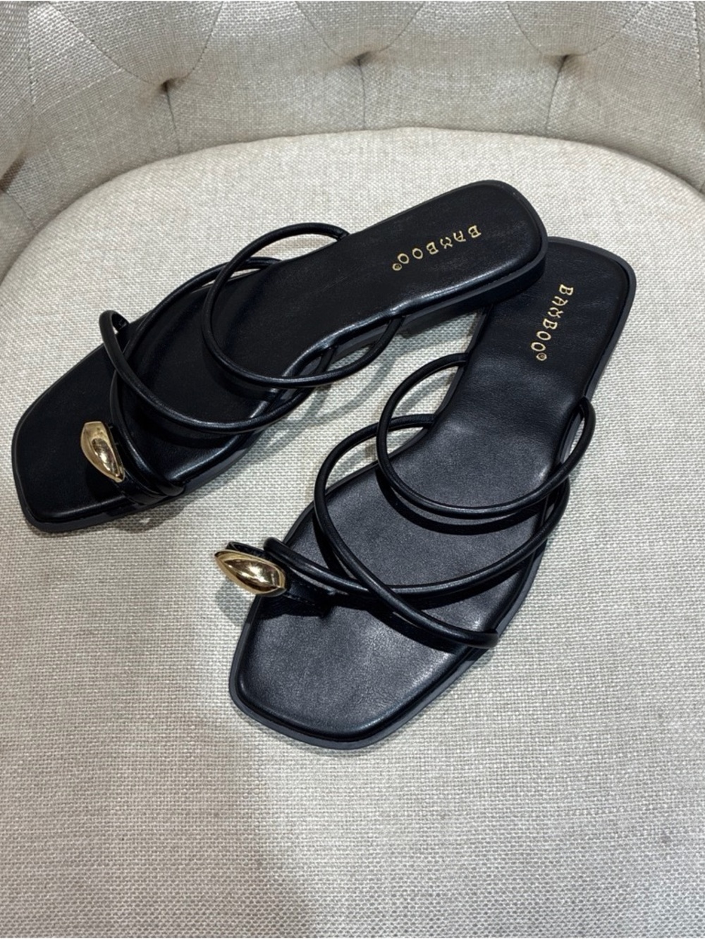 BAMBOO Black Strappy Slide Sandals with Gold Accent